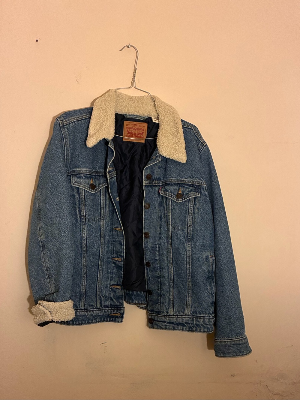 Levi's Light Blue Denim Bomber Jacket with Cream Sherpa Collar